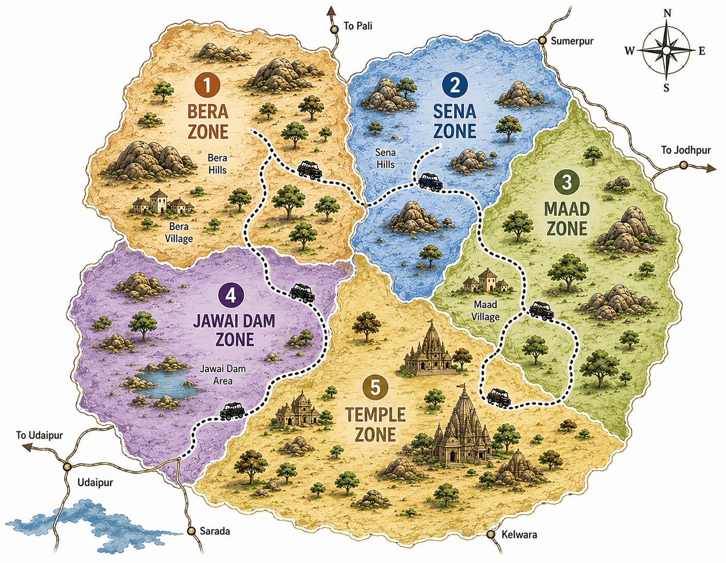 Map of Jawai safari zones